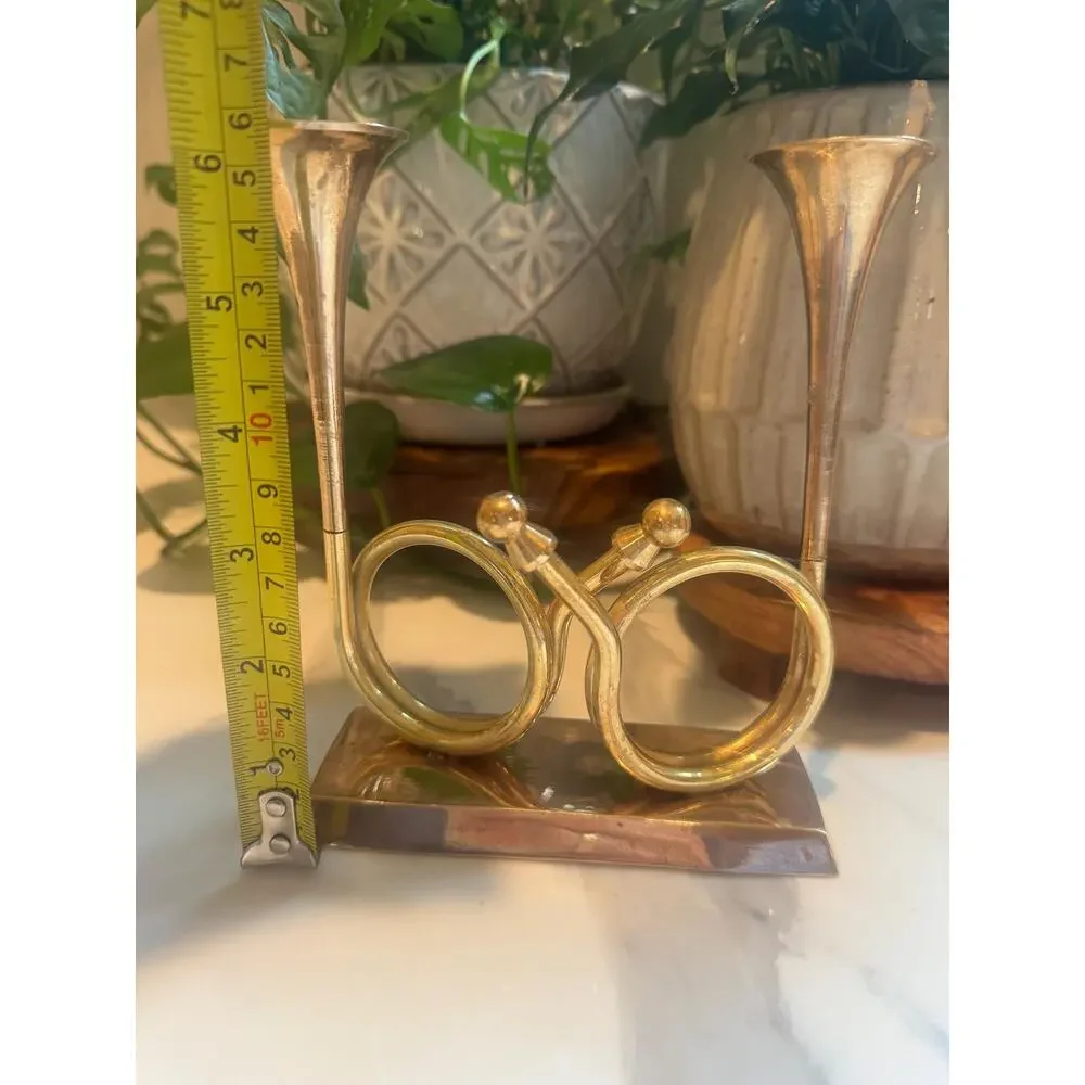 Vintage Enesco Brass French Horn Double Candleholder - Midcentury Shelf Decor